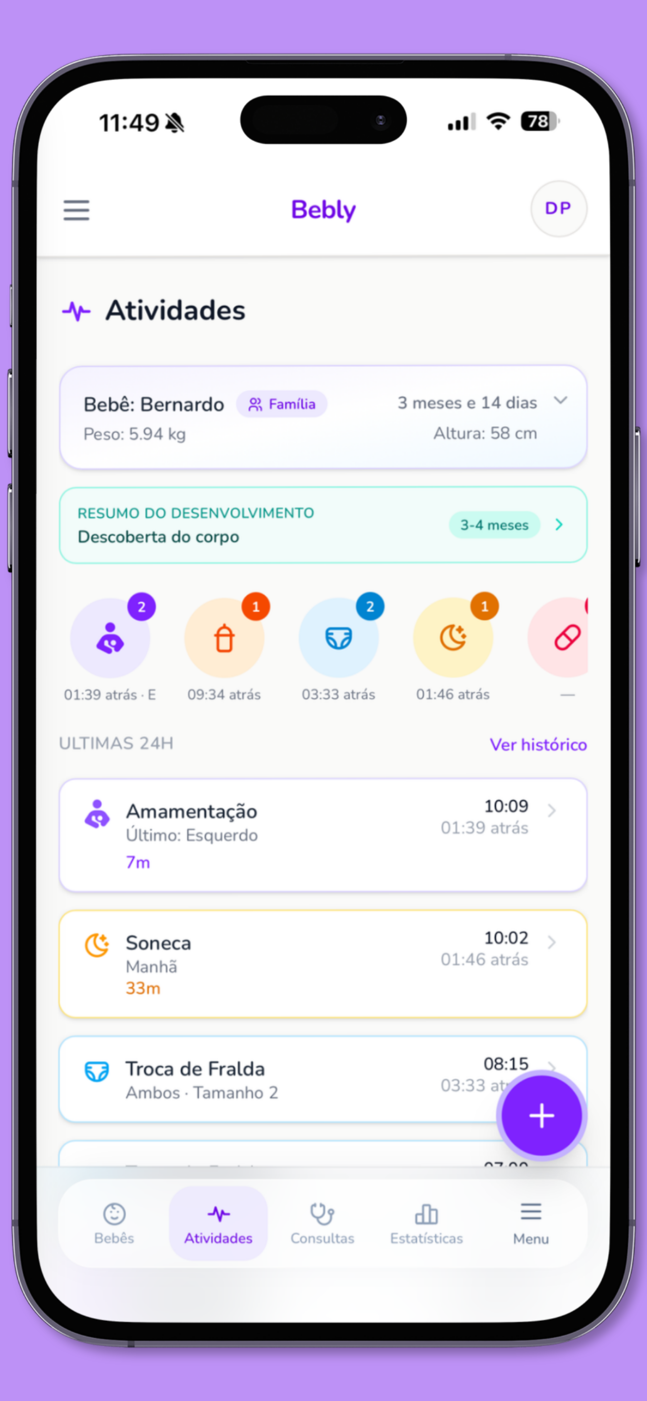 Bebly baby tracking dashboard showing daily feeding, sleep, diaper, and growth summaries